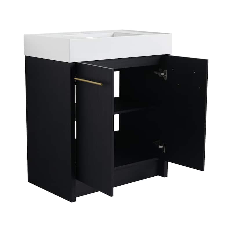 Modern Floating 30-Inch Bathroom Vanity with Black Ceramic Sink, Soft-Close Drawers, Plywood Base