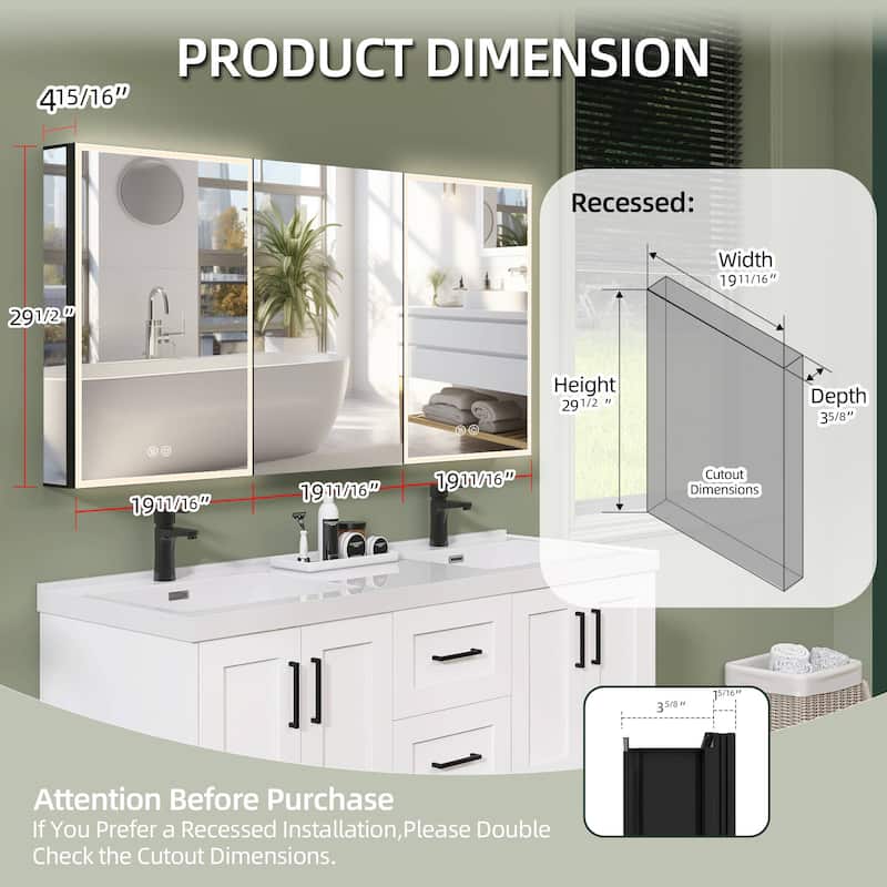 60'' W 30'' H Recessed Frameless Medicine Cabinet Mirror 9 Adjustable