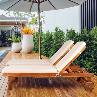 Kiawah 69 x 24 Inch Outdoor Acacia Wood Lounger with Cushion, 5-Position Back, Slide Table & Wheels, by JONATHAN Y