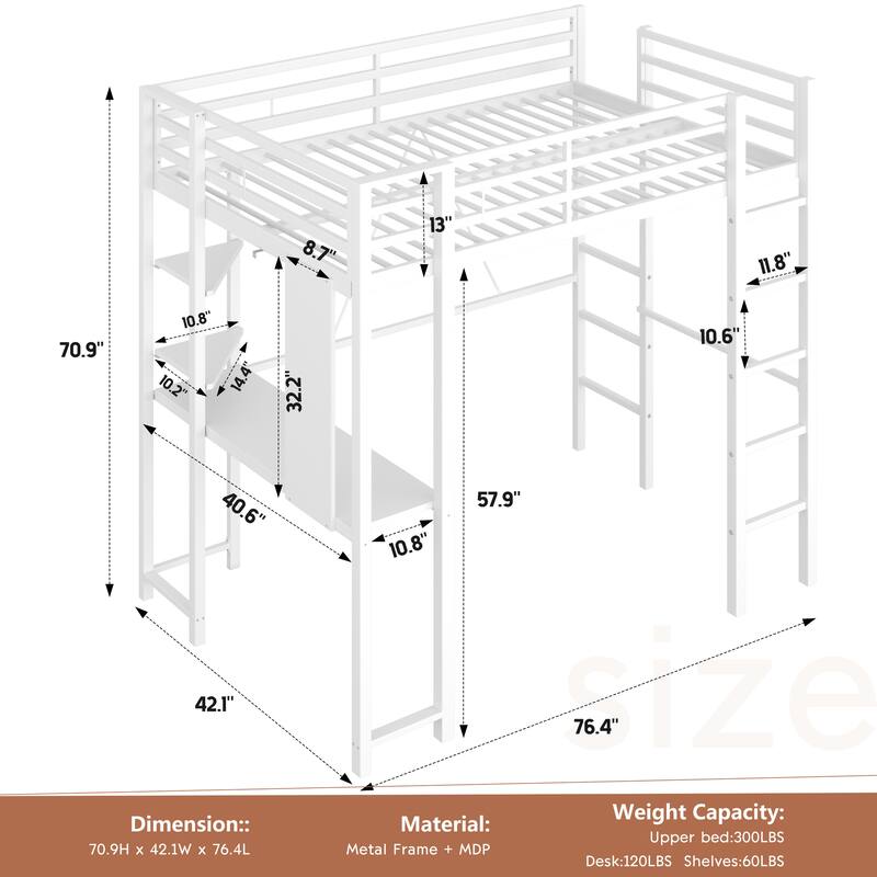 Futzca High Loft Bed Frame with Desk, Twin/Full Size Bunk Bed