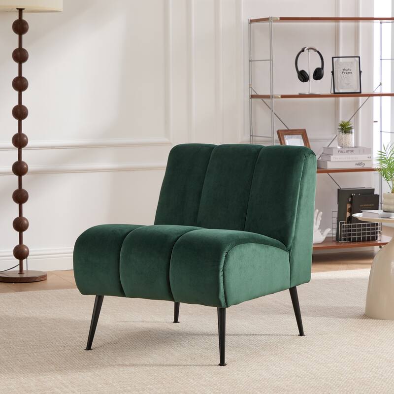 Modern Upholstered Armless Chair with Metal Legs, Green Velvet Accent Chair Side Chair Reading Chair Reception Chair