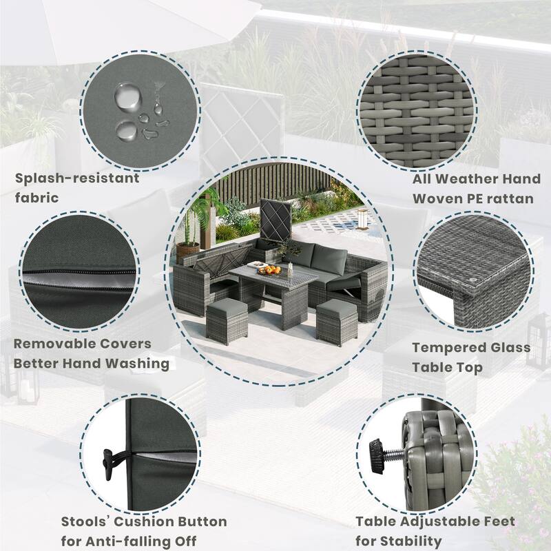 Roomfitters 6-Piece All-Weather PE Rattan Patio Sofa Set with Adjustable Seats, Storage Box and Glass Top Table