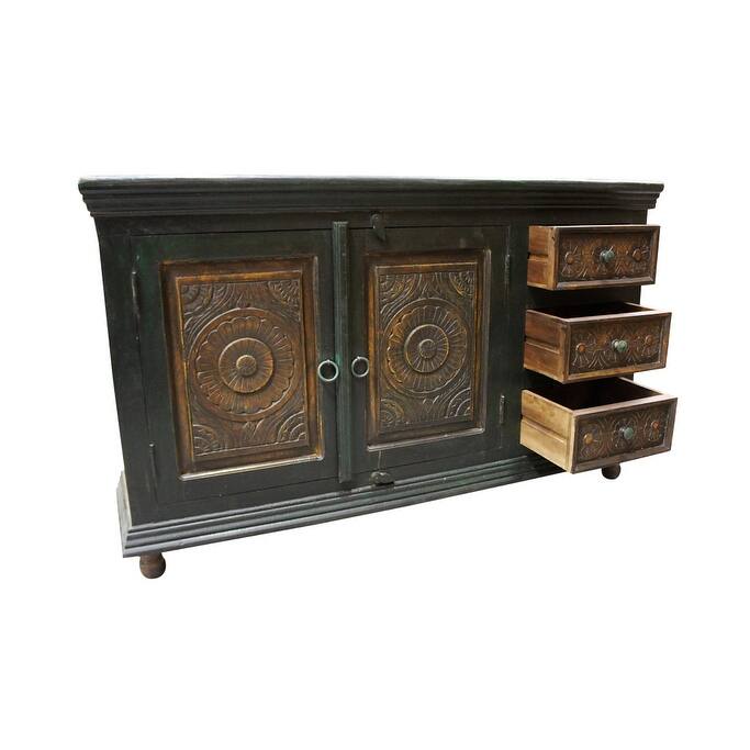 HomeRoots 60" Dark Brown and Green Solid Wood Three Drawer Buffet Table with Two Doors - 60.00 in. x 36.00 in. x 16.00 in.