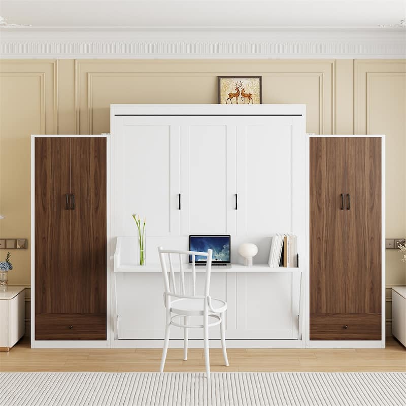 Full Size Murphy Bed Wall Bed with Closet,Drawers and Table