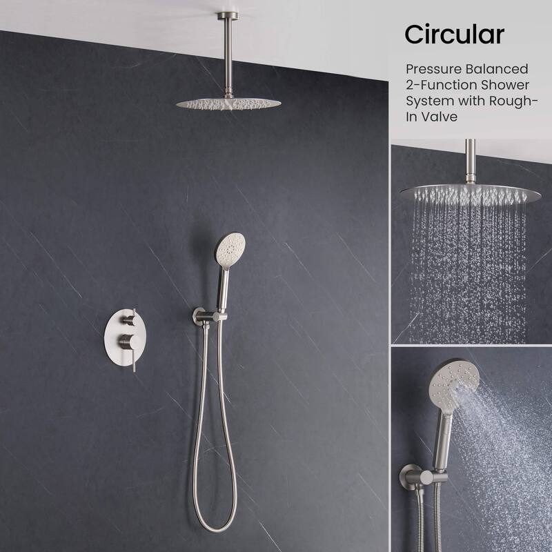 Circular Pressure Balanced Ceiling Mounted 2-Function Shower System with Rough In Valve