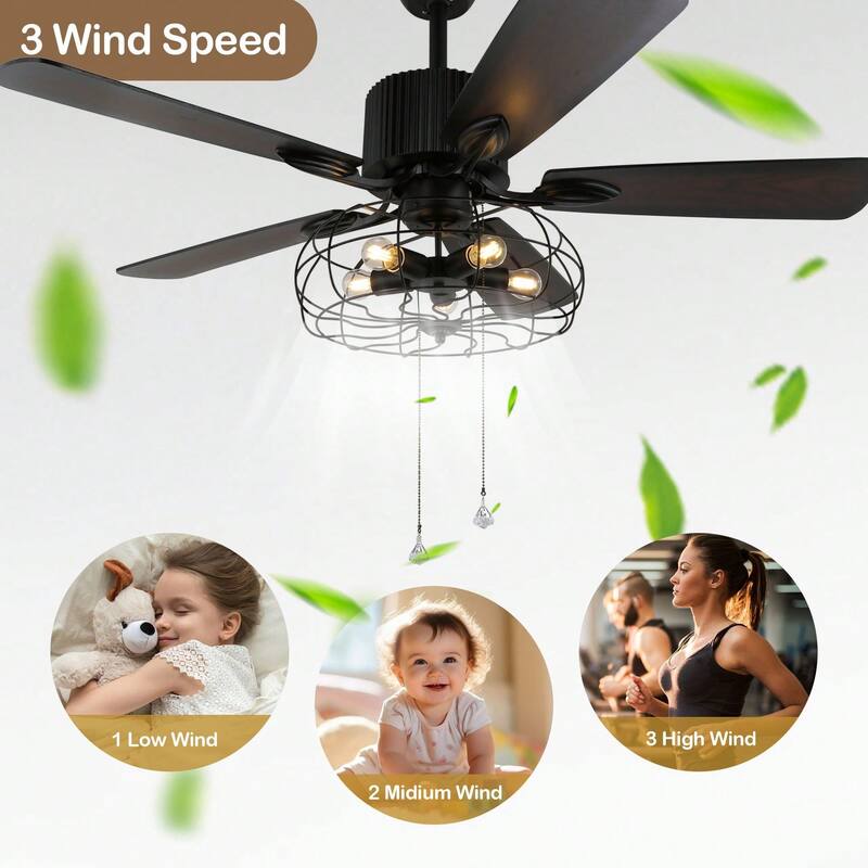 Cusp Barn Industrial Ceiling Fan Black Caged Chandelier Fan with Remote and 5 Wooden Reversible Blades for Kitchen