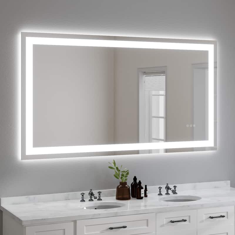 Silver Glass LED Vanity Mirror with Defog, Dimming and Dual Lights - 55" x 30"