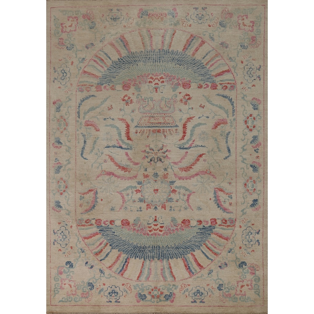 Vegetable Dye Beige Art Deco Turkish Rug Hand-Knotted Wool Carpet - 5'0"x 6'11"