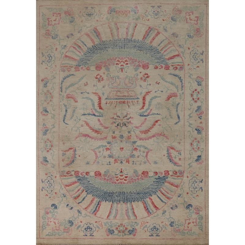 Vegetable Dye Beige Art Deco Turkish Rug Hand-Knotted Wool Carpet - 5'0"x 6'11"