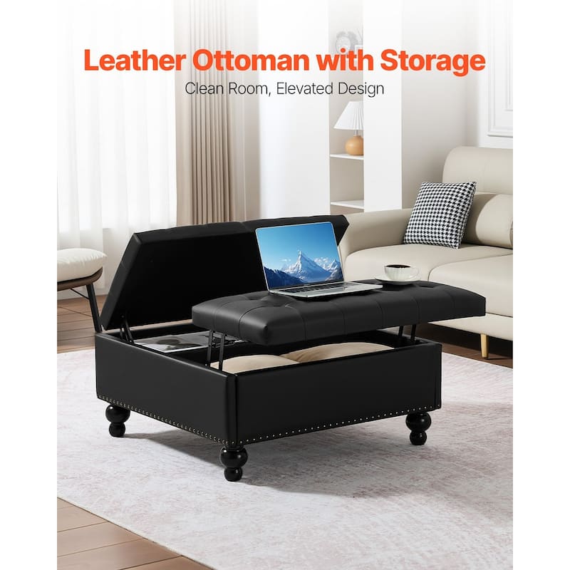 Black Leather Square Storage Ottoman with Lift Top Tufted Coffee Table Bench and Wooden Frame