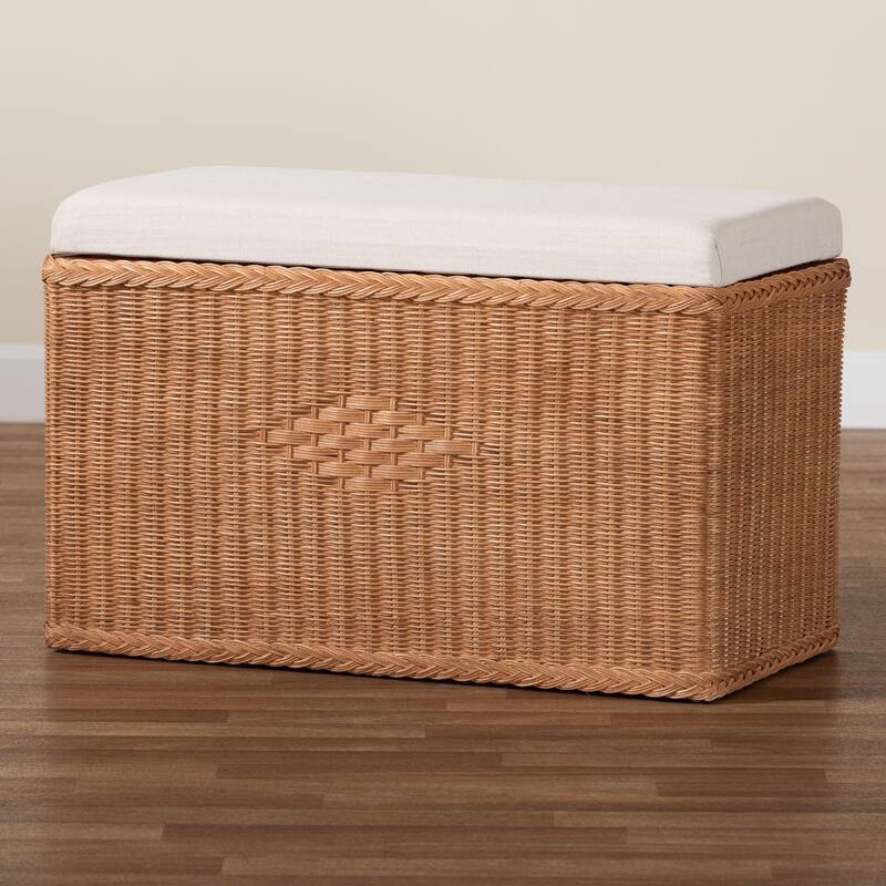 Eamon Braided Natural Rattan Storage Bench with Lift-Top - Coastal Boho Chest for Bedroom or Living Room, 31" Rectangle, Brown