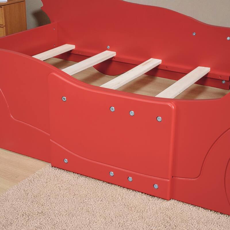 Twin/Full Size Race Car Platform Bed for Kids with Wheels and Side Rails, No Box Spring Needed