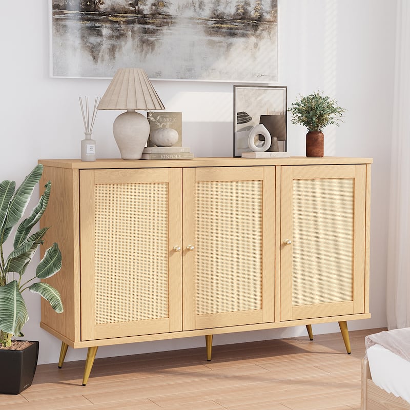 Rattan Storage Cabinet With 3 Door, Farmhouse Style Buffet Sideboard - N/A - WoodColor