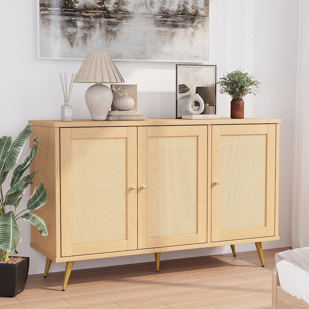 Rattan Storage Cabinet With 3 Door, Farmhouse Style Buffet Sideboard - N/A