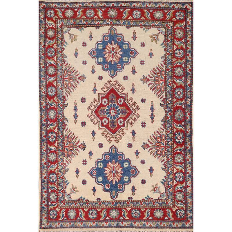 Ivory Geometric Kazak Accent Rug Handmade Wool Carpet - 3'4" x 4'10"