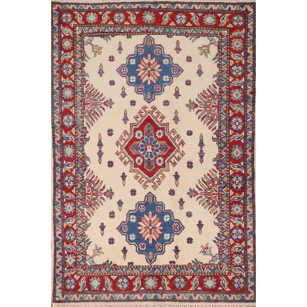 Ivory Geometric Kazak Accent Rug Handmade Wool Carpet - 3'4" x 4'10"