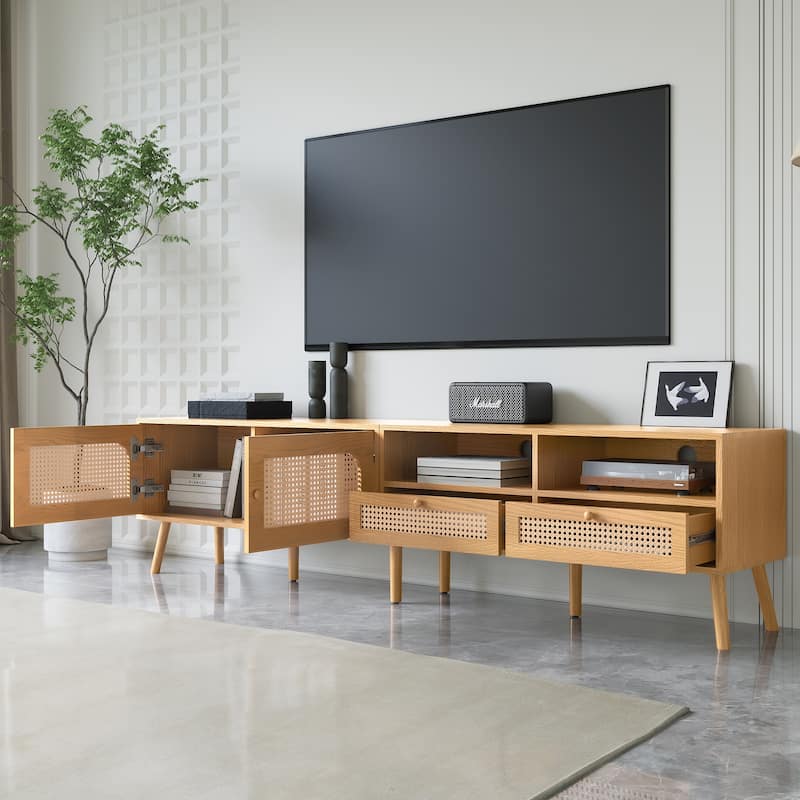Roomfitters Boho TV Stand for 85" TVs, Farmhouse Media Console with Wood Legs, Entertainment Cabinet for Living Room, Natural
