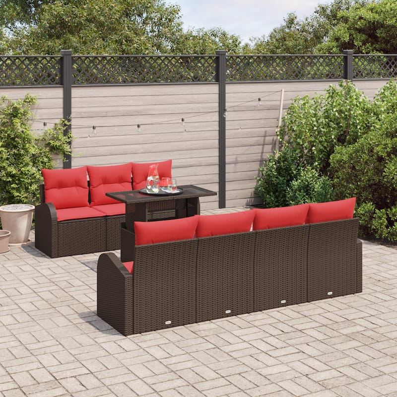 vidaXL 8 Garden Sofa Set with Cushions Black/Brown/Grey Poly Rattan - 92.1 x 24.4 x 27.2