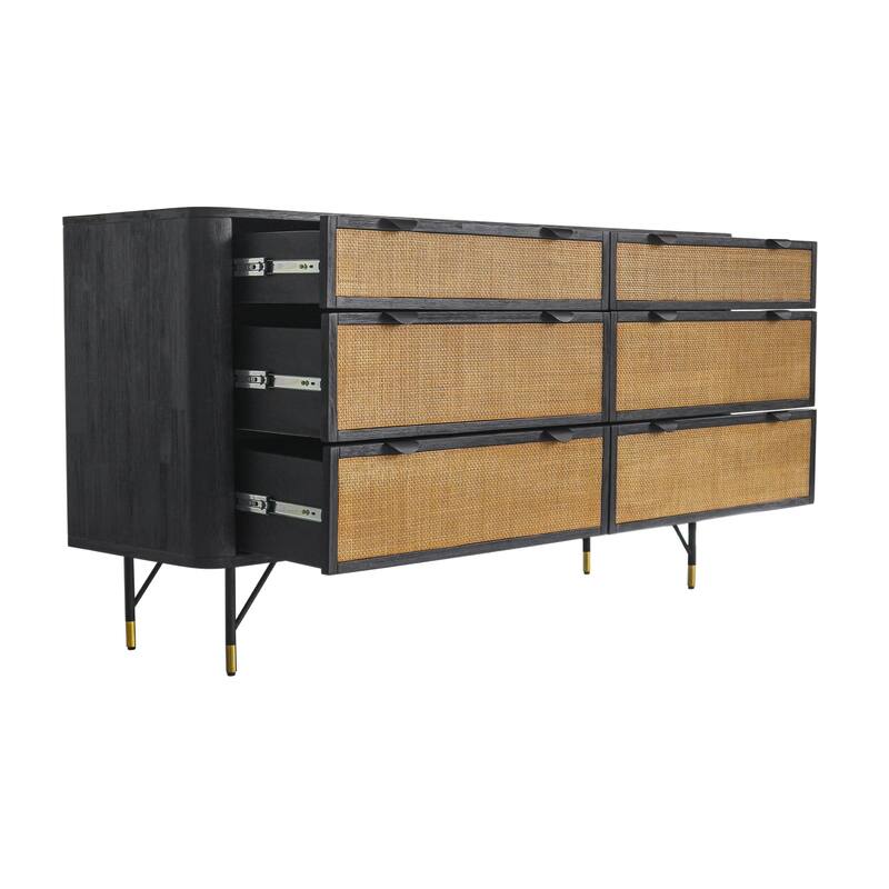 HomeRoots 61" Natural and Black Solid Wood Six Drawer Double Dresser