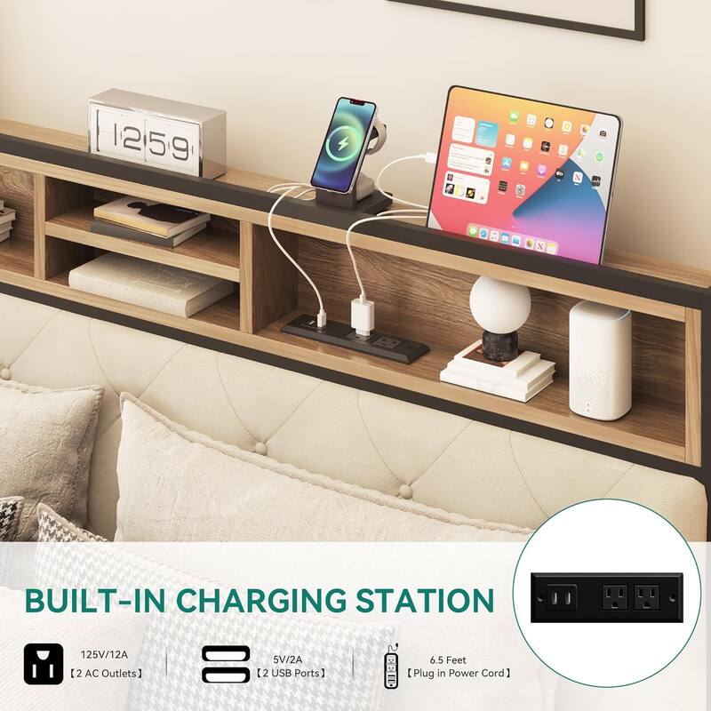 Queen/King Size Platform Bed Frame with Charging Station, Upholstered Storage Headboard & Metal Slats
