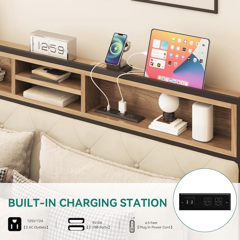 Queen Size Bed Frame, Platform Bed Frame with Charging Station, Upholstered Storage Headboard & Footboard Metal Slats Supports