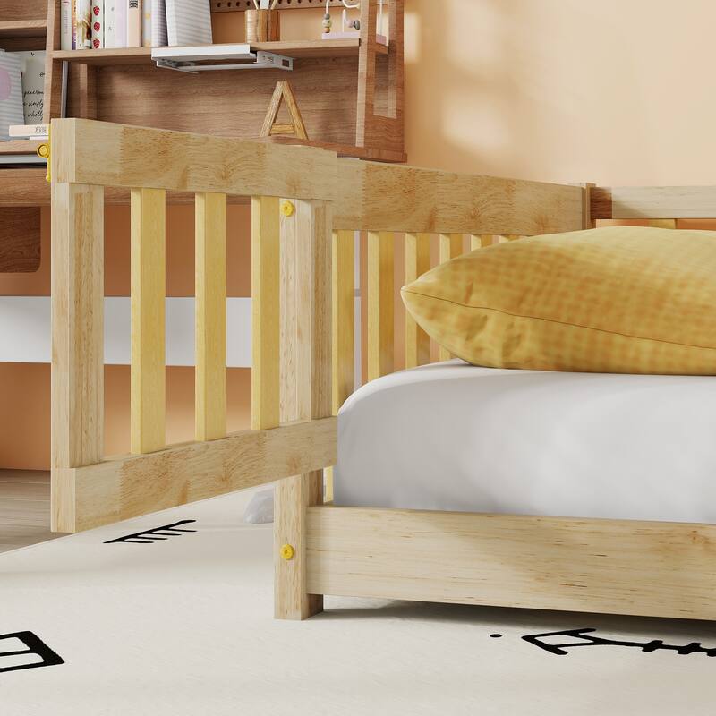 Twin Size Floor Bed with Safety Fence, Natural Rubber Wood, Easy Assembly, Compact Design