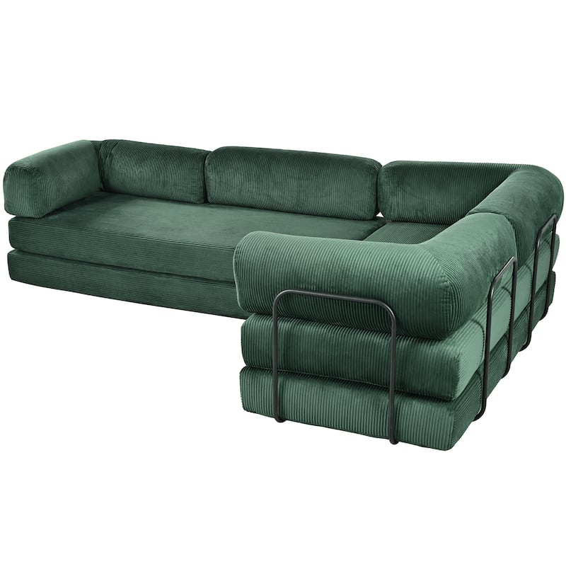 L-Shaped Modular Sofa Sleeper Sofa, Corduroy Sectional Sofa with 3 Wedge Cushions and Flat Cushion, Convertible Sofa Bed