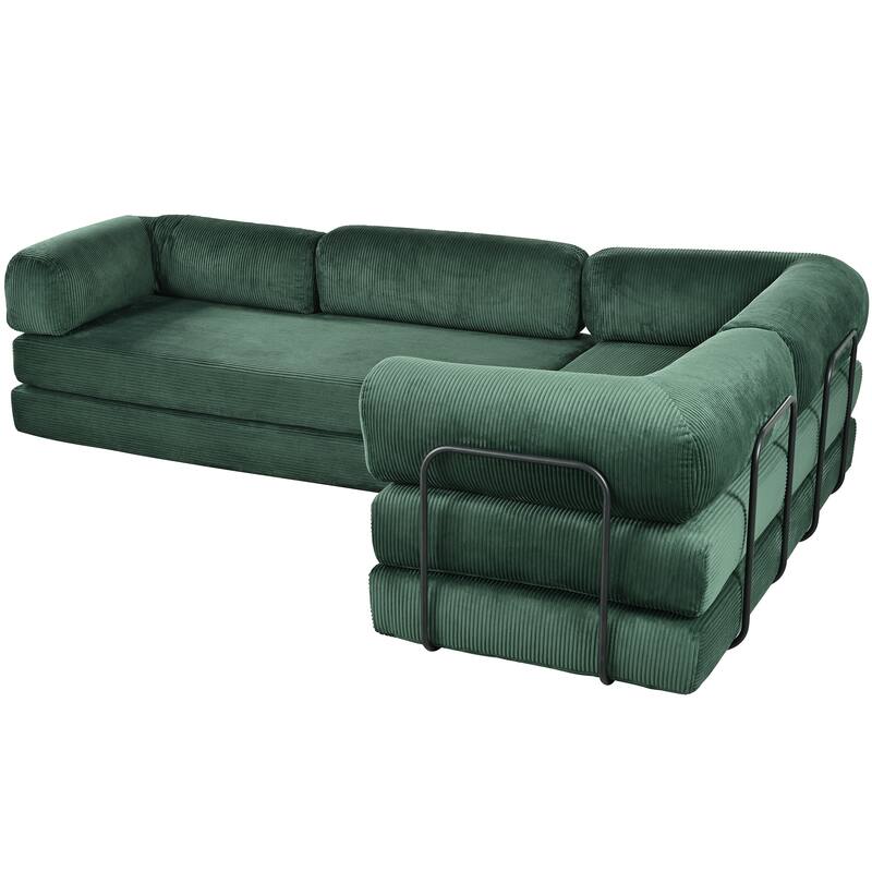 Roomfitters Modern L-Shaped Modular Sofa Bed, Corduroy Convertible Sleeper Sectional Couch with Industrial Metal Frame