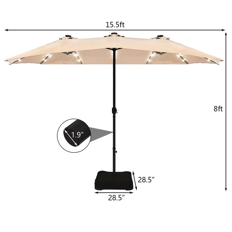 Costway 15Ft Patio Double-Sided Solar LED Market Umbrella Crank Base