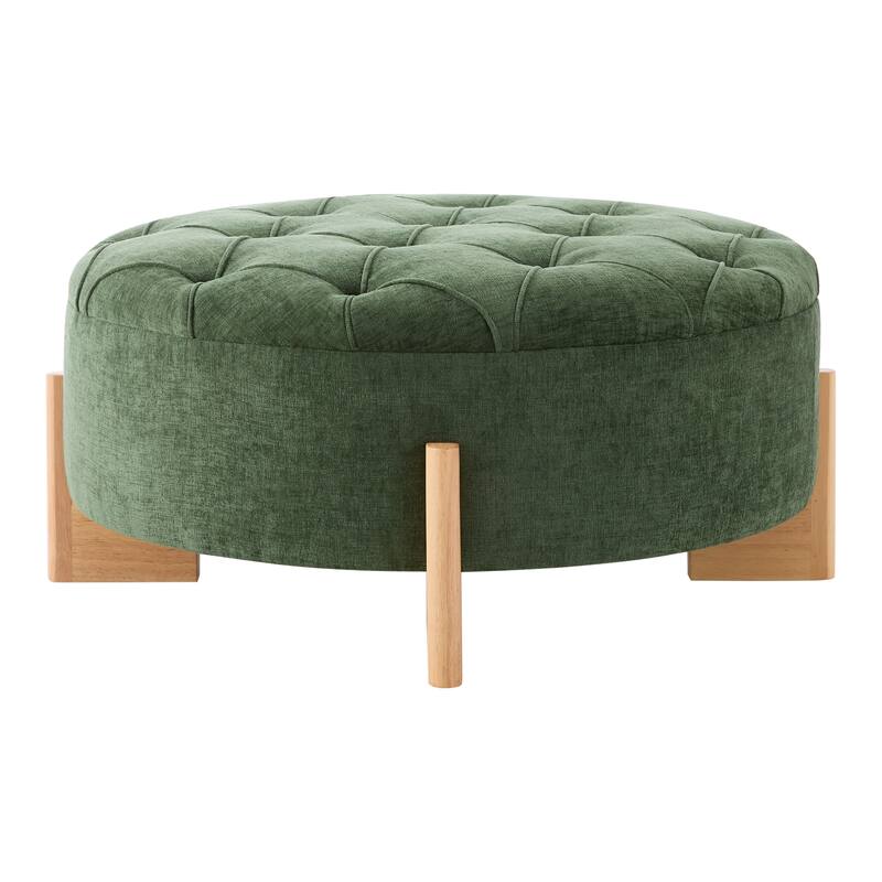 32" Round Tufted Ottoman with Solid Wood Legs by Harper&Bright Designs