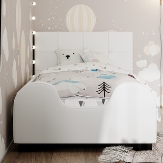 Twin Size Upholstered Platform Bed with Guardrail and Headboard,Modern Style Wood Bed