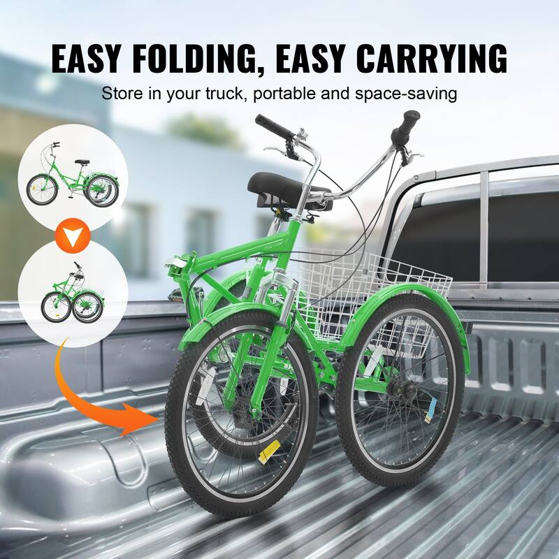 24-Inch Folding Adult Tricycle, 7-Speed Carbon Steel 3-Wheel Bike with Basket - 70.9 x 29.9 x 45.9 in