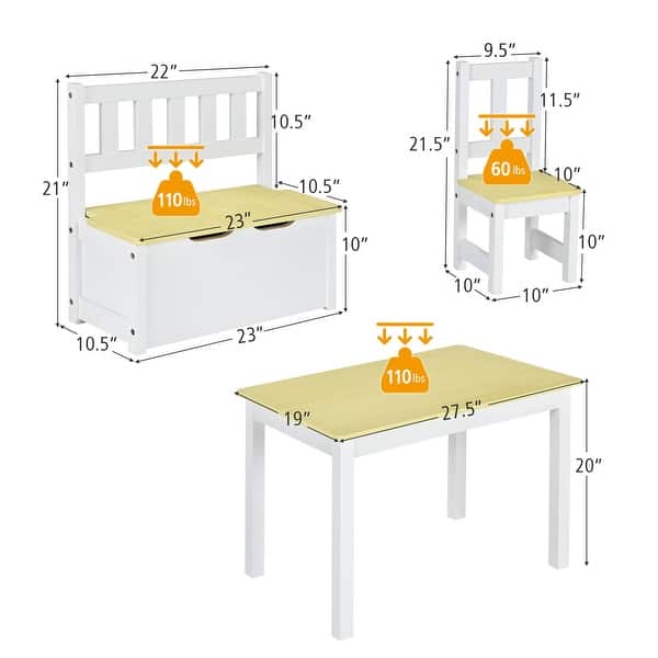 dimension image slide 1 of 2, Costway 4 PCS Kids Wooden Activity Table & Chairs Set w/Storage Bench - See Details
