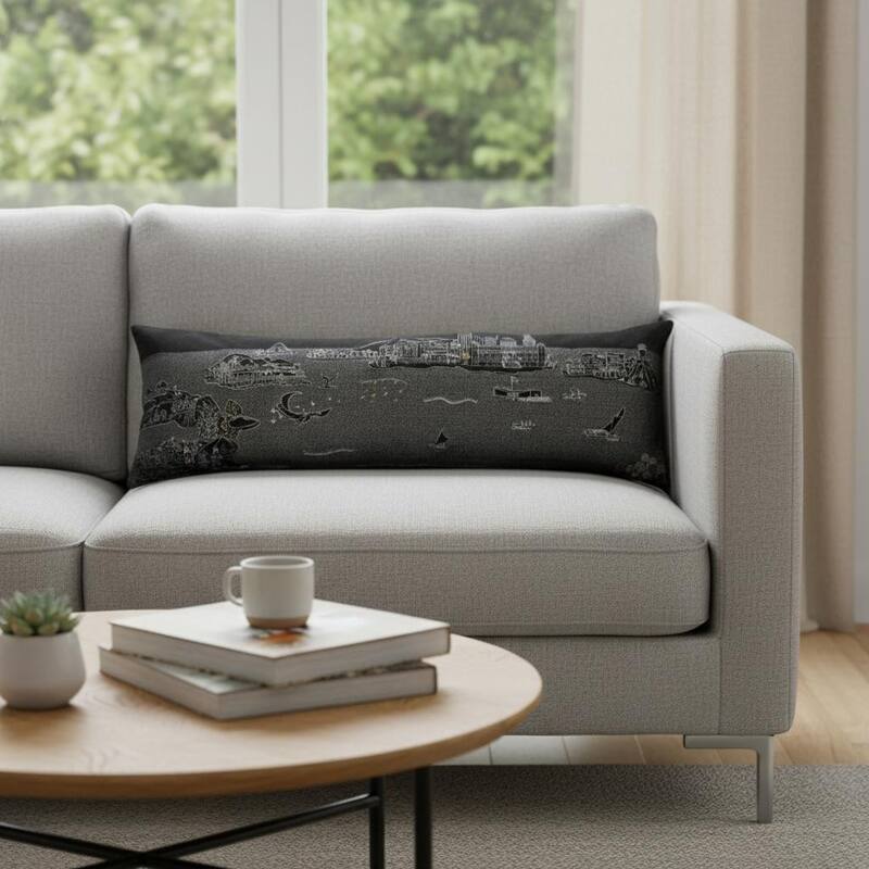 HomeRoots 14" X 45" Dark Gray And White Hawaii Nighttime Skyline Lumbar Decorative Pillow