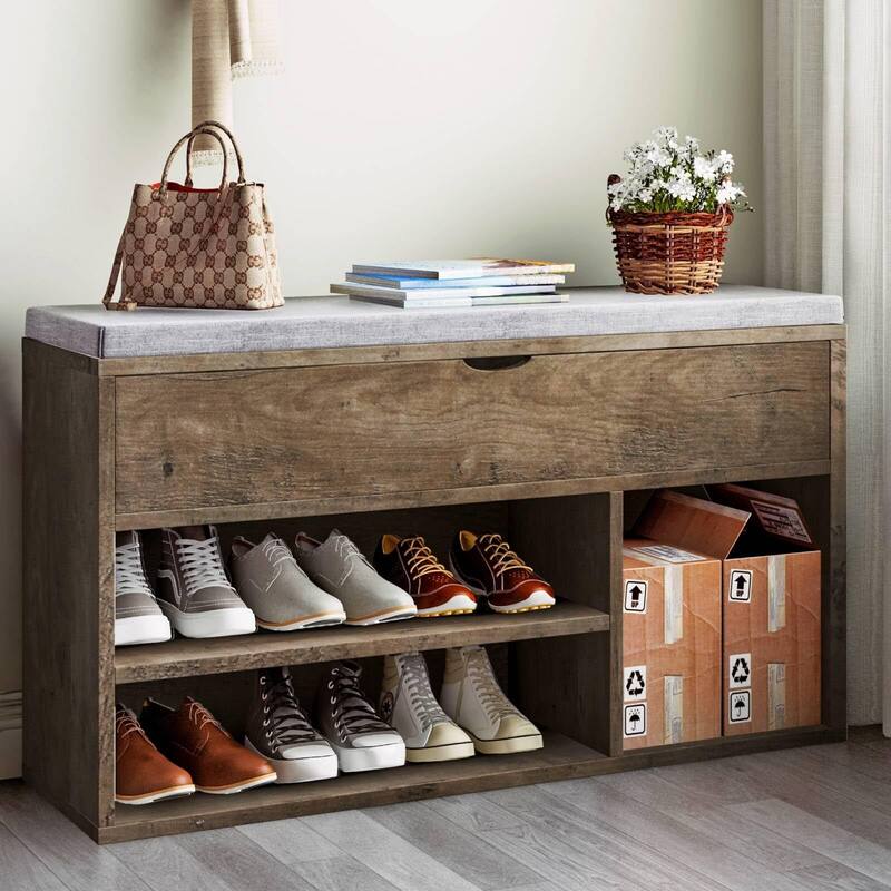 Shoe Storage Bench with a Cushioned Seat and 2 Tiers of Shelves - Brown