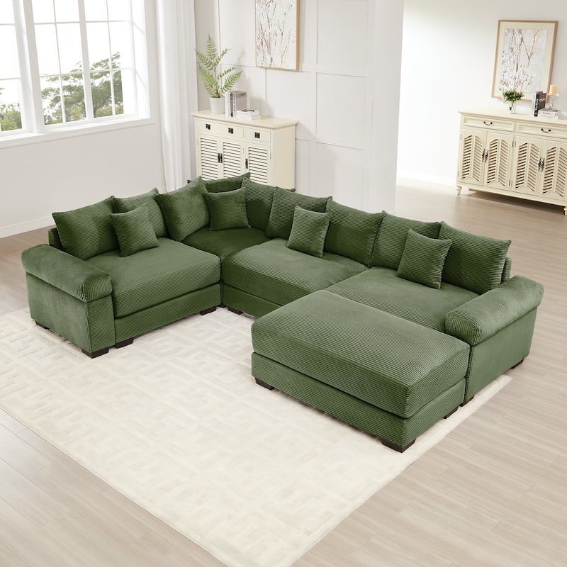 GDFStudio - Corduroy 5-Seater 116.9" Cloud Modular Sectional Couch with Ottoman - Green