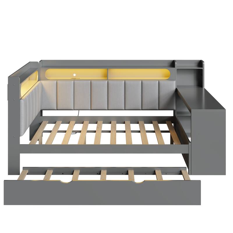 Roomfitters Full Daybed with Trundle, Charging Station and Upholstered Headboard