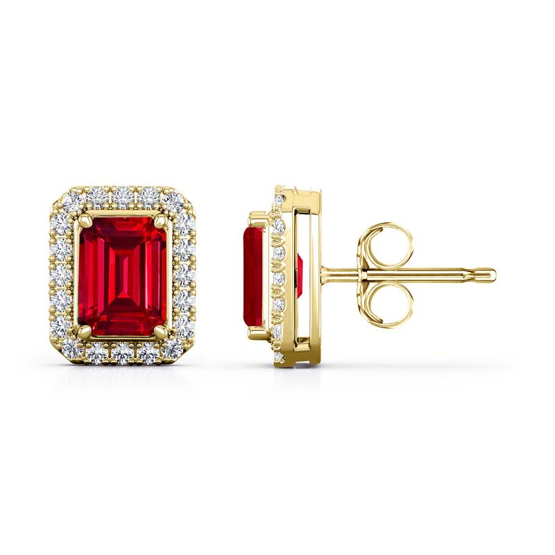 Auriya 14k Gold Lab Grown Gemstone Ruby Stud Earrings Emerald 0.25 to 5.00 ct. tw. Halo Push-Back - 1.25ct tgw. - Yellow