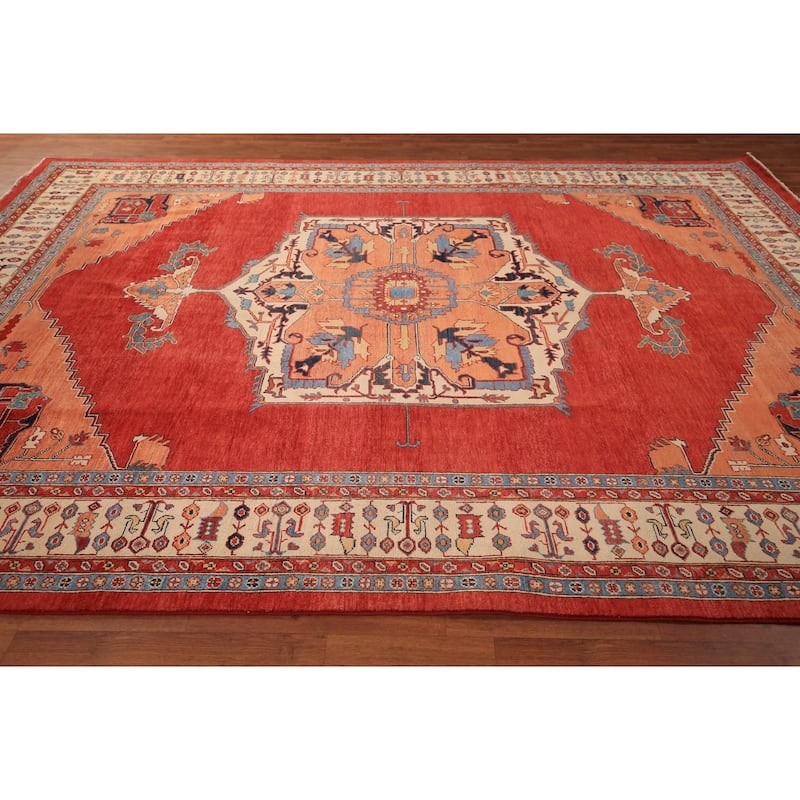 Geometric Heriz Serapi Vegetable Dye Area Rug Hand-Knotted Wool Carpet - 8'11" x 11'11"