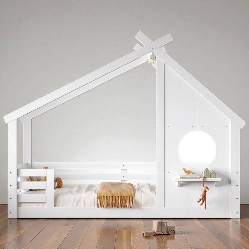 Twin/Full Size Solid Wood House Floor Bed with Window and Shelf, Montessori Low Bed Frame for Kids, No Box Spring Needed