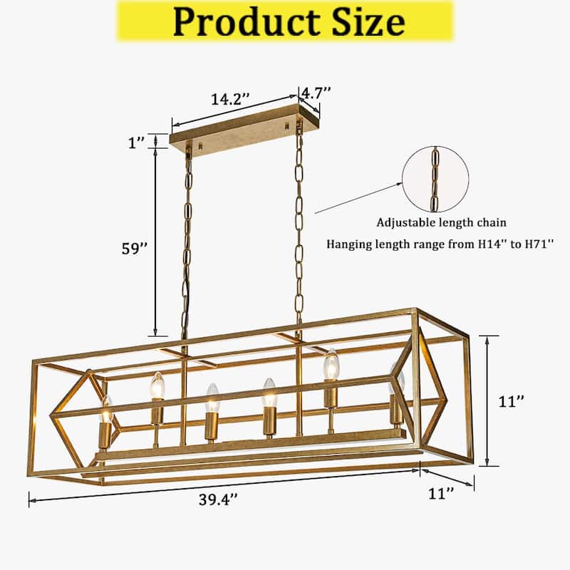 CraftHome 6-Light 39'' Antique Gold Modern Candle Linear Chandelier Rectangle Industrial Dining Room Kitchen Island - W39''