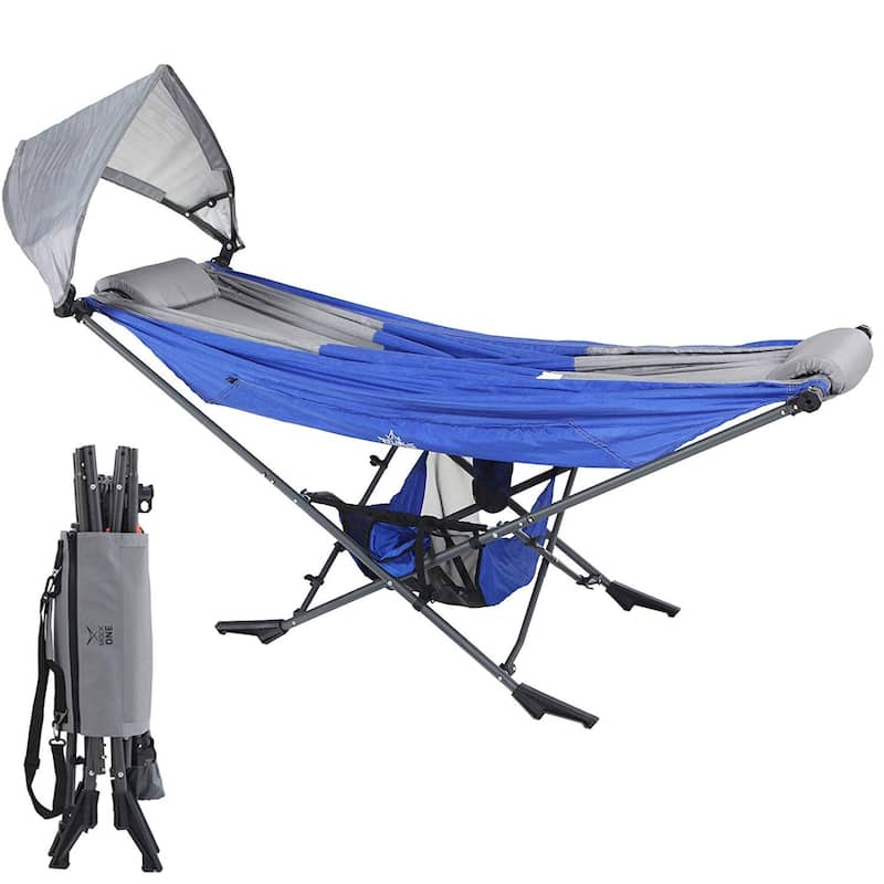 Compact Portable Folding Hammock with Stand Includes Carrying Wrap and Sun Shade - Blue