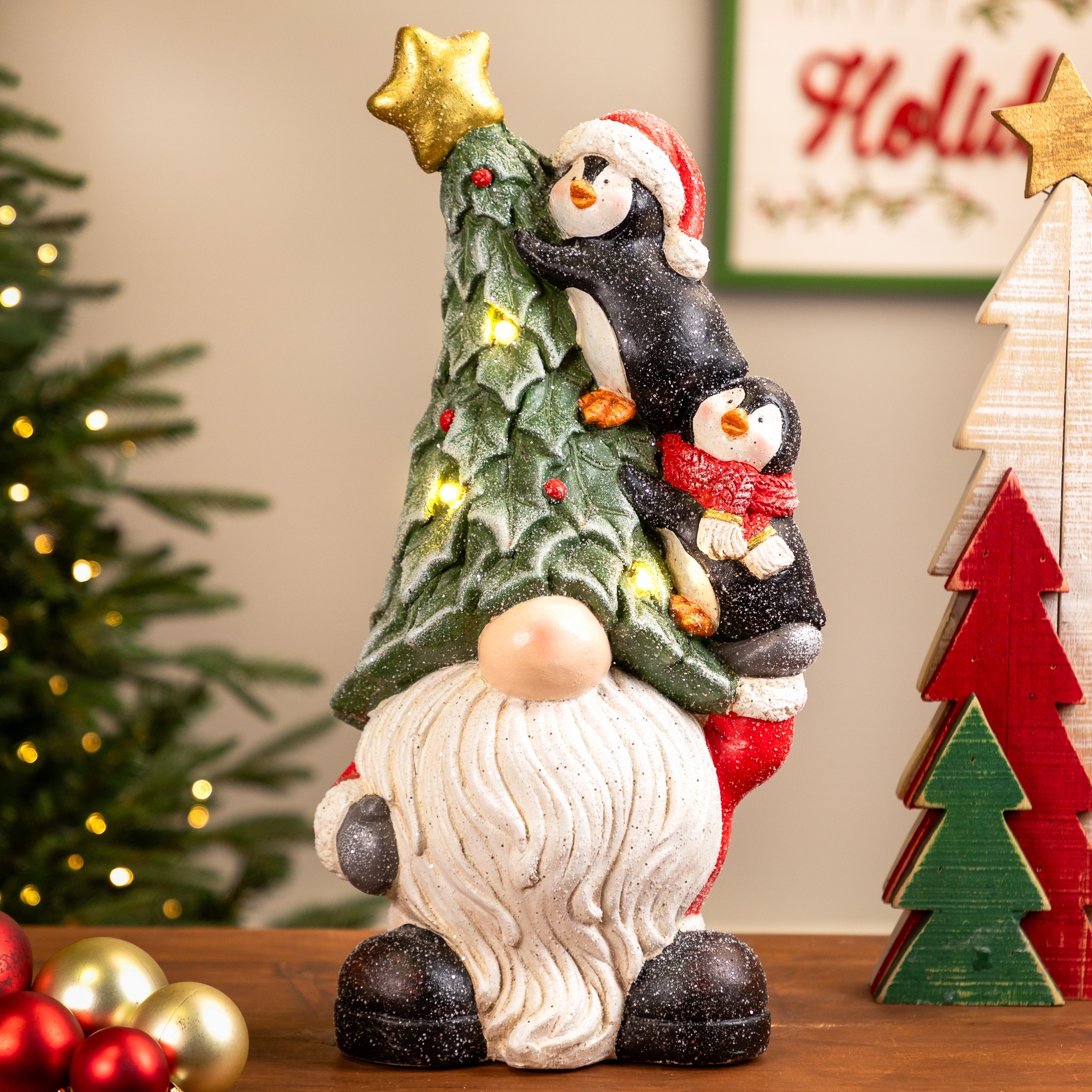 Lighted Gnome with Penguins Christmas Decoration -17" - Clear LED Lights - 17"