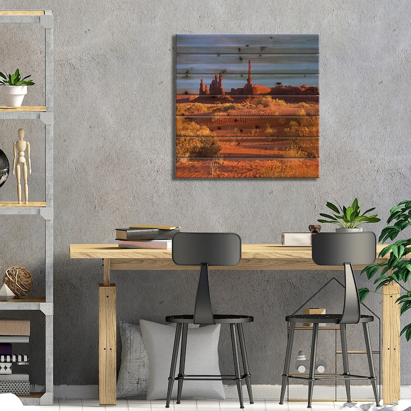 Totem Pole And Yei Bi Chei With Sand Dunes And Shrubs, Monument Valley, Arizona And Utah Border Print On Wood by Tim Fitzharris