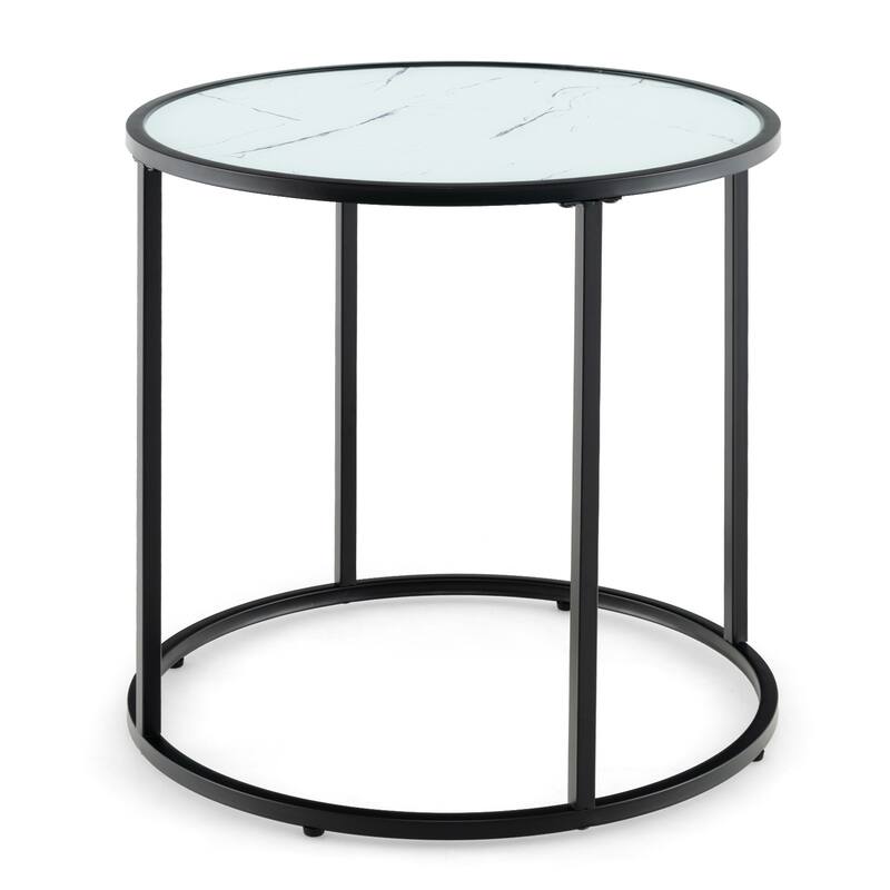 Black and White Tempered Glass Metal Round Side Table with Faux Marble Top - 20"L x 20"W x 20"H - Black-White