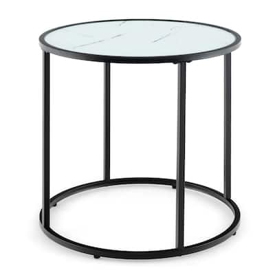 Black and White Tempered Glass Metal Round Side Table with Faux Marble Top - 20"L x 20"W x 20"H
