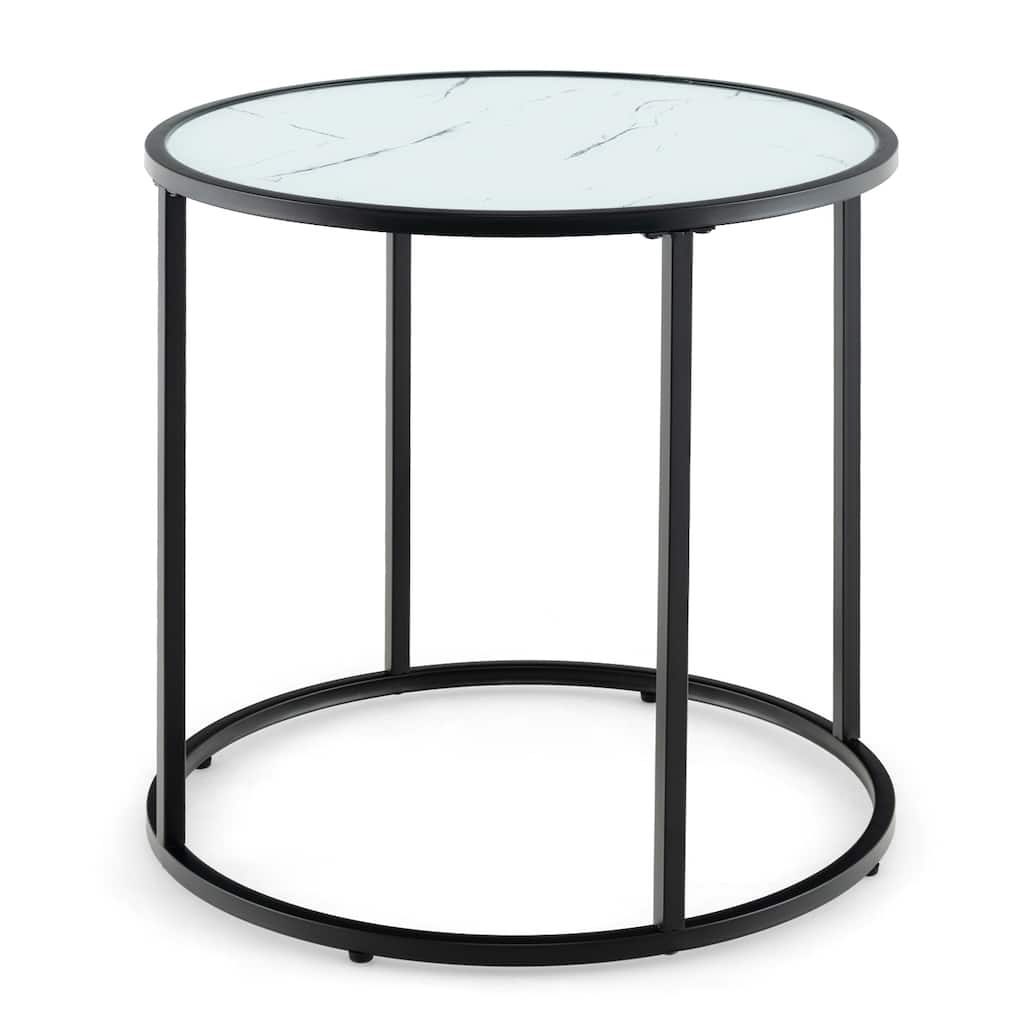 Black and White Tempered Glass Metal Round Side Table with Faux Marble Top - 20"L x 20"W x 20"H