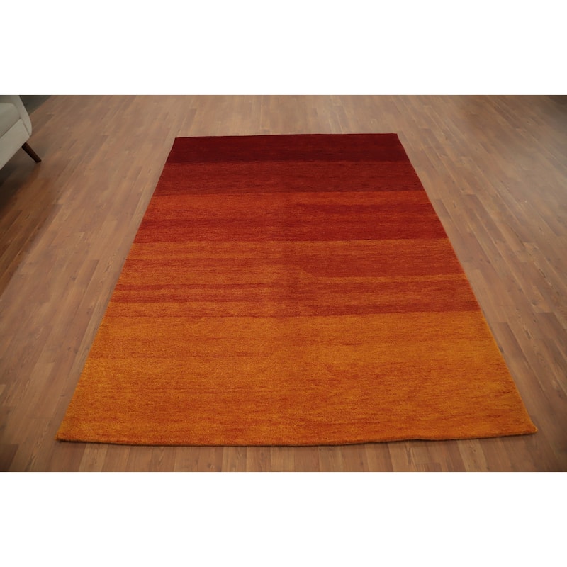Hand Knotted Oriental 100% Wool Carpet Modern Stripe Oranges & Rust Gabbeh Area Rug - 7' 11'' X 5' 9''
