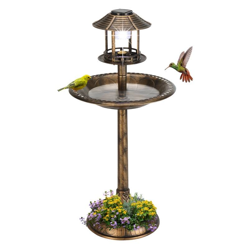 42" H Plastic Birdbath with Solar Light - Tan