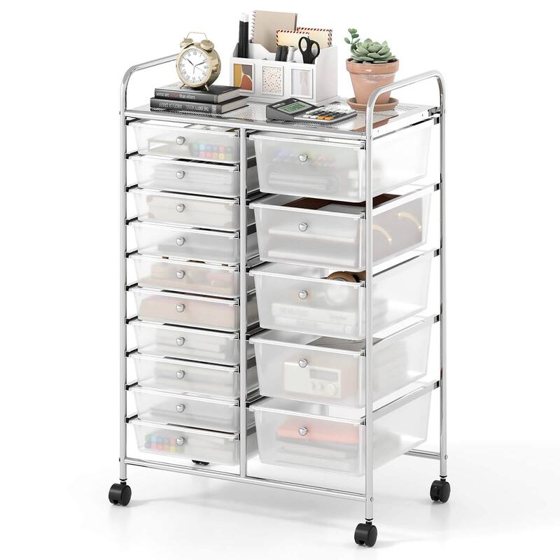 Costway 15-Drawer Trolley with Chrome Plated Metal Frame & Lockable - See Details - Clear